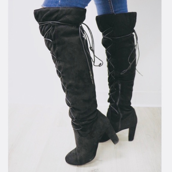 Boutique Shoes - Black Corset Lace Up Front Over The Knee Boots